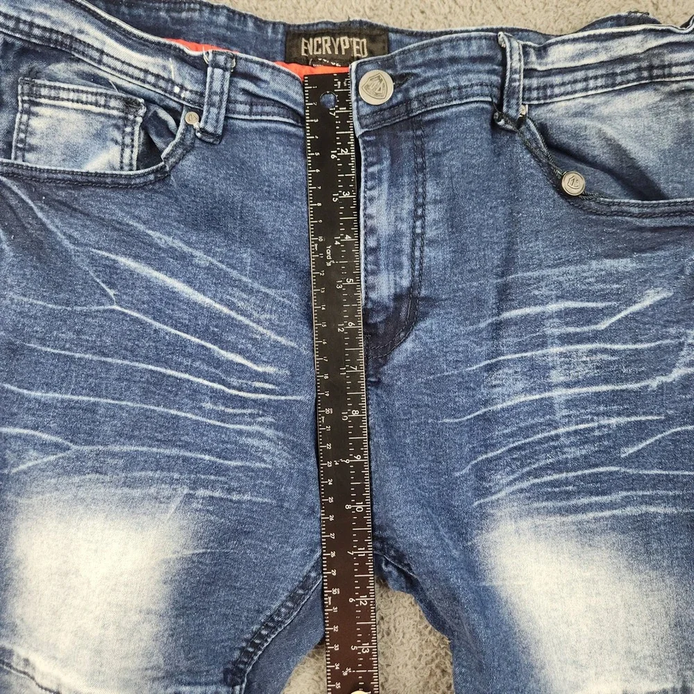 Encrypted Jeans Mens 38x32 Blue Distressed Ripped Moto Biker Denim Knee Panel